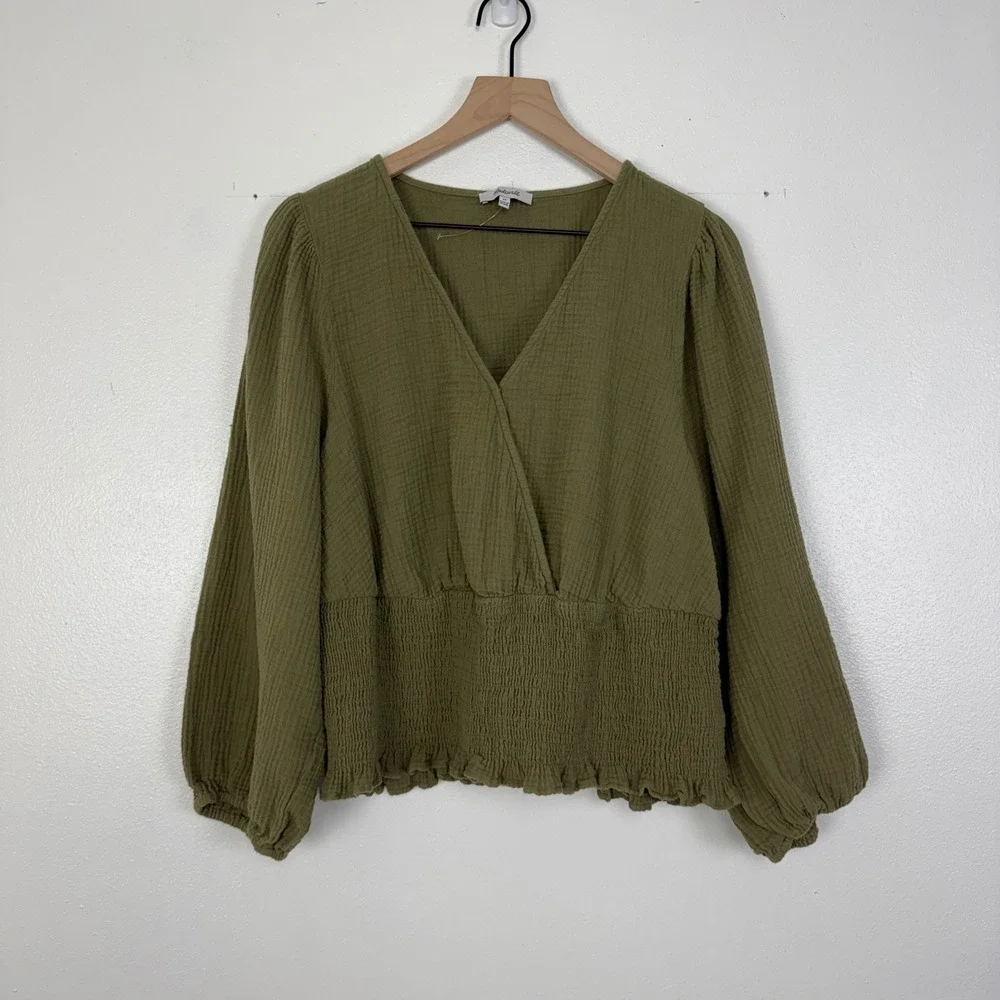 Madewell Smocked Wrap Top Womens 2X Green Cotton Gauze‎ Puff Sleeve Julianne